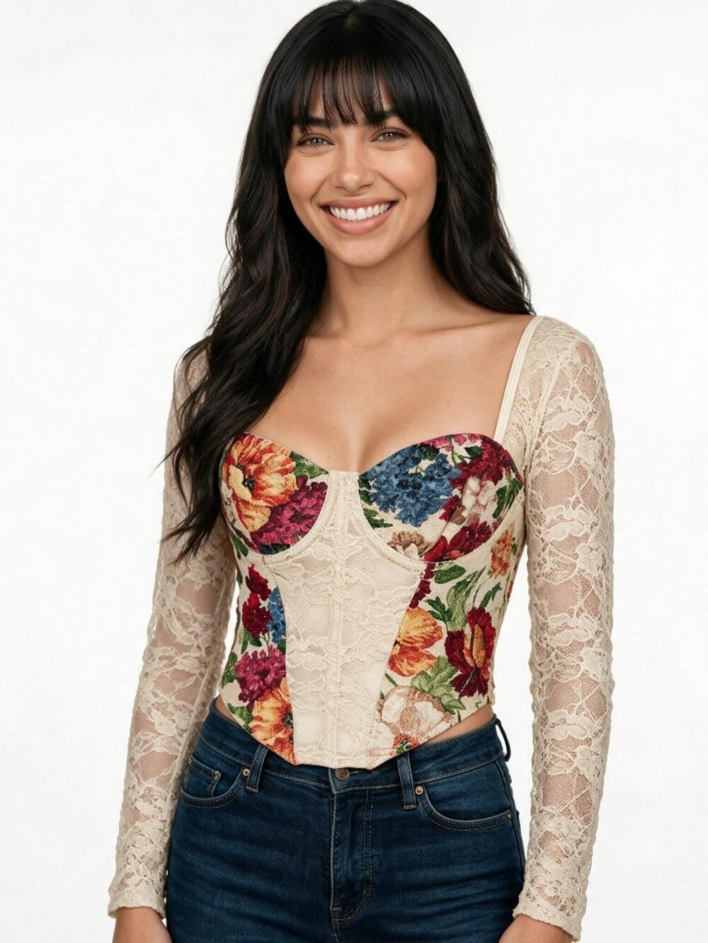 Custom Sewn Bustier Corset in Floral Tapestry & Cream Lace, Adj. Tie Up Back, S